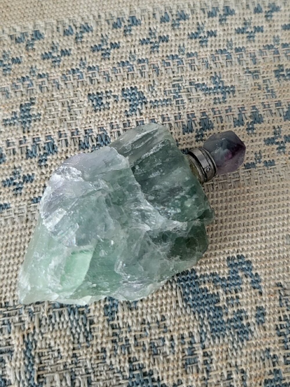 Raw Green Fluorite Crystal Perfume Bottle Pendant Purple Cap Essential Oil Vial